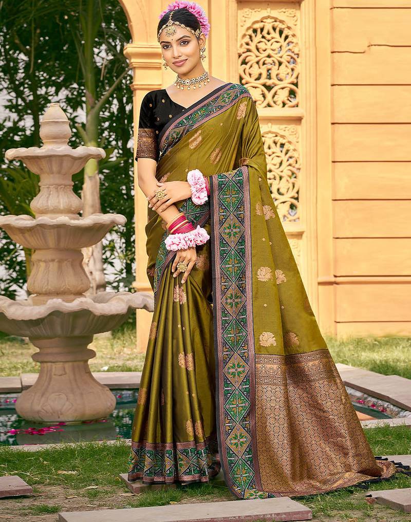 Mahendi color woven designer soft silk fabric for ethnic party looks