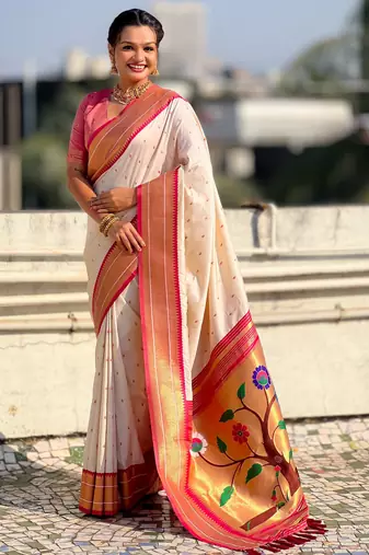 Cream color paithani silk fabric woven designer saree