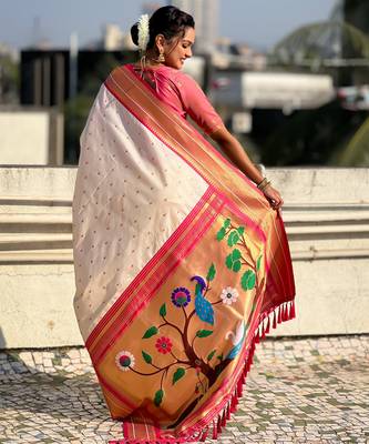 Cream paithani silk blend woven saree 2
