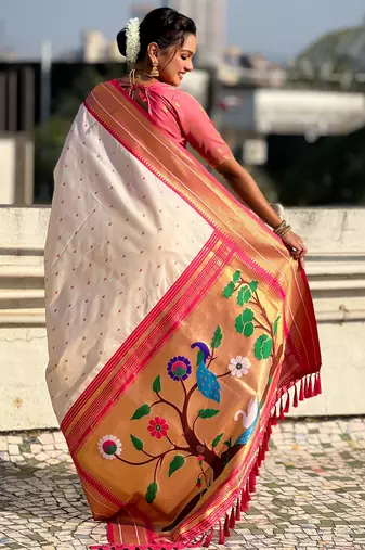 Cream paithani silk blend woven saree