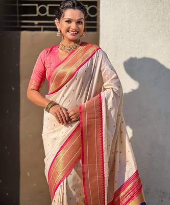 Cream paithani silk blend woven saree 3