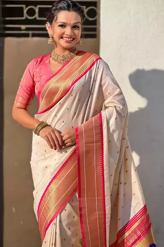 Cream paithani silk blend woven saree