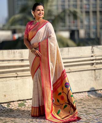 Cream paithani silk blend woven saree 4