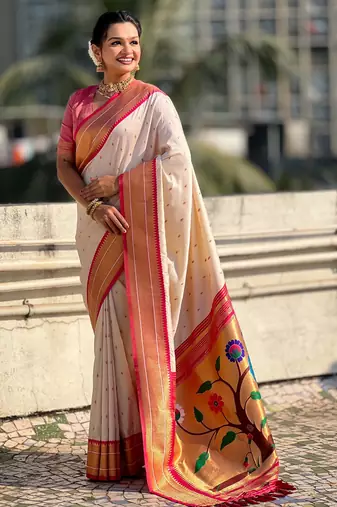 Cream paithani silk blend woven saree