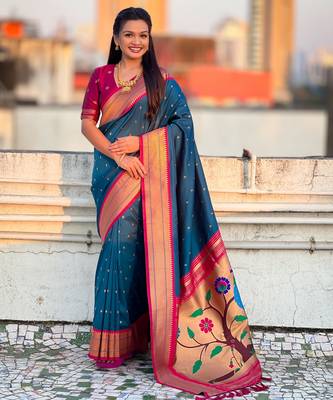 Denim blue paithani silk blend woven saree 1
