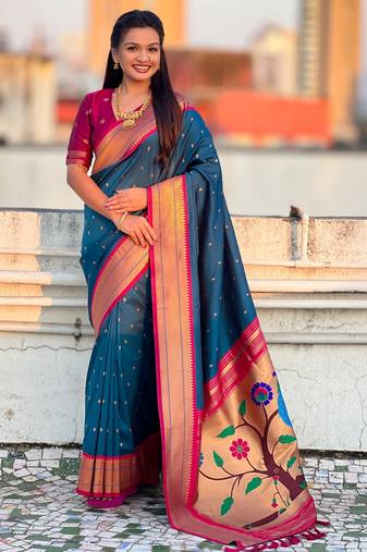 Denim blue color paithani silk fabric woven designer saree