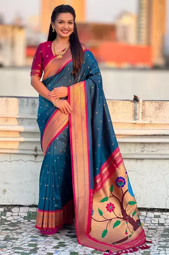 Denim blue color paithani silk fabric woven designer saree