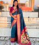 Denim blue color paithani silk fabric woven designer saree