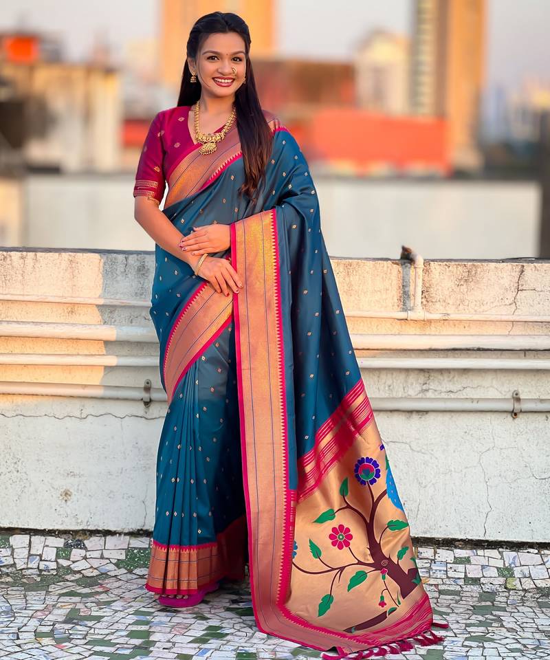 Denim blue color paithani silk fabric woven designer saree