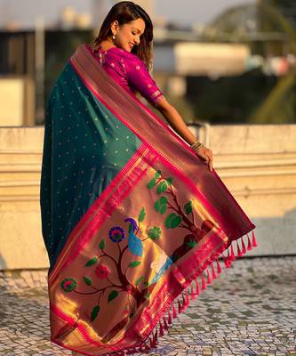 Denim blue paithani silk blend woven saree 2
