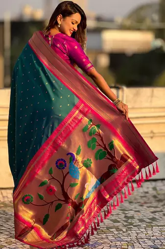 Denim blue paithani silk blend woven saree