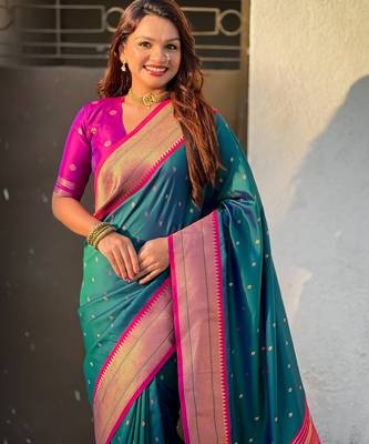 Denim blue paithani silk blend woven saree 3