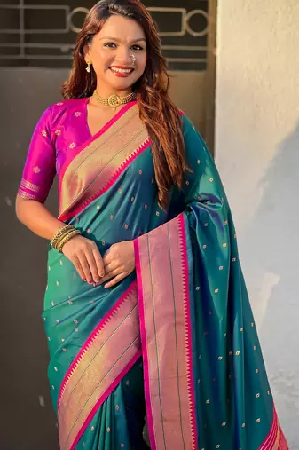 Denim blue paithani silk blend woven saree