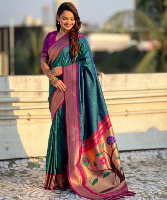 Denim blue paithani silk blend woven saree 4