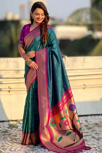 Denim blue paithani silk blend woven saree