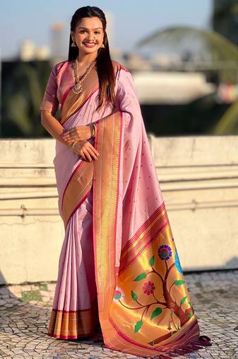 Pink color paithani silk fabric woven designer saree