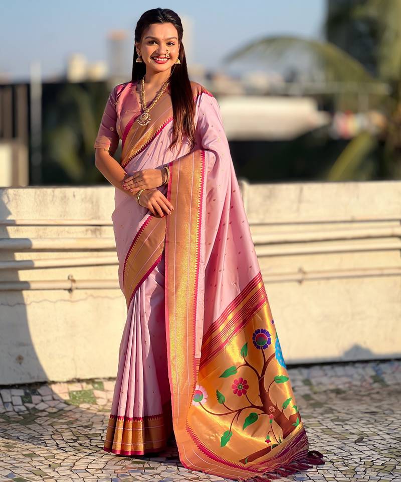 Pink color paithani silk fabric woven designer saree
