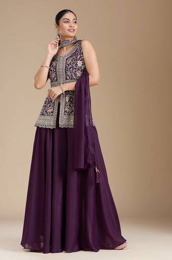 Wine color star georgette party wear designer peplum sharara set