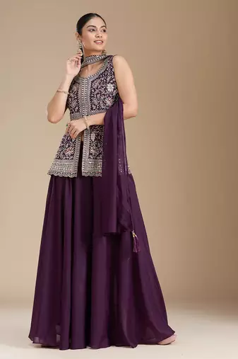 Wine color star georgette party wear designer peplum sharara set
