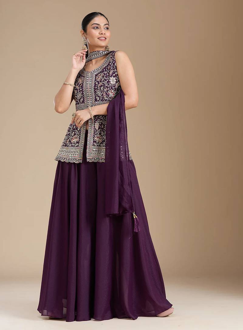Wine color star georgette party wear designer peplum sharara set