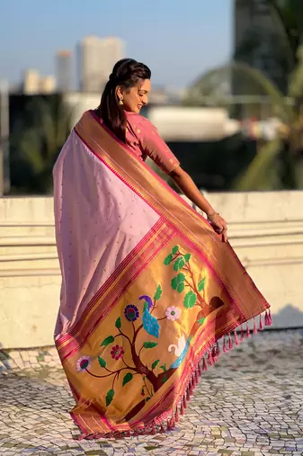 Pink paithani silk blend woven saree