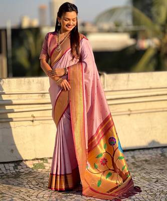 Pink paithani silk blend woven saree 4