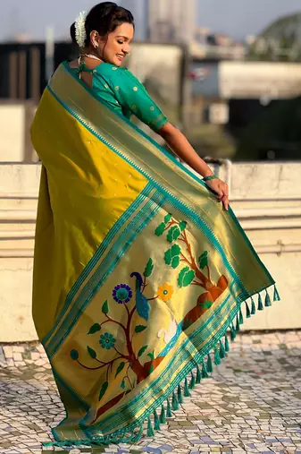 Mahendi paithani silk blend woven saree