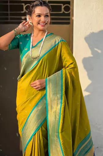 Mahendi paithani silk blend woven saree