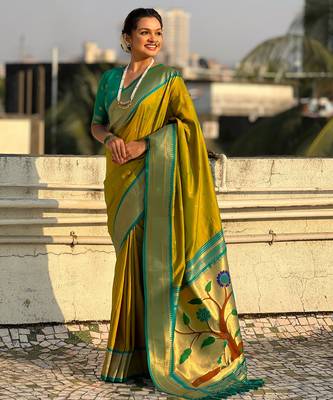 Mahendi paithani silk blend woven saree 4