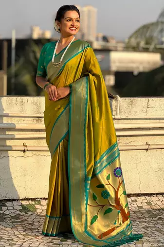Mahendi paithani silk blend woven saree