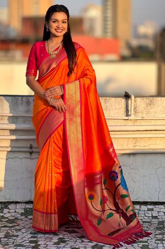 Orange color paithani silk fabric woven designer saree