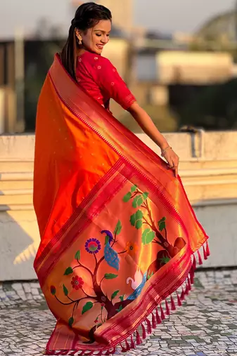Orange paithani silk blend woven saree