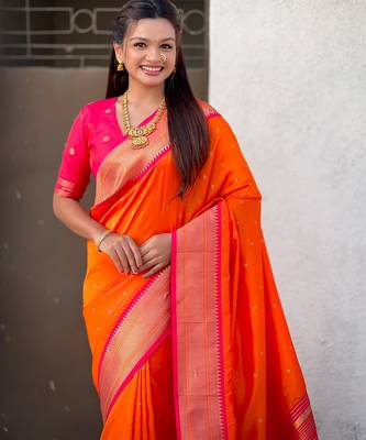 Orange paithani silk blend woven saree 3
