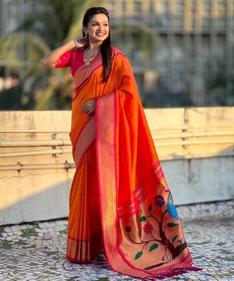Orange paithani silk blend woven saree 4