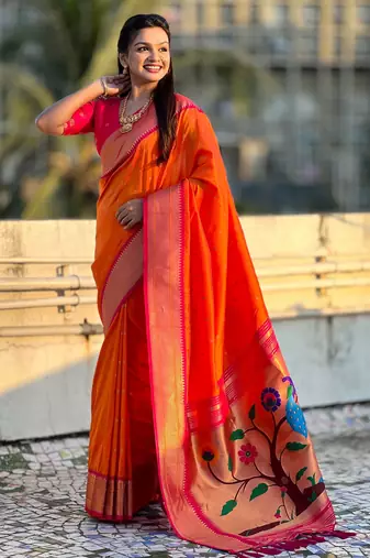 Orange paithani silk blend woven saree
