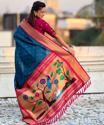 Teal paithani silk blend woven saree 2