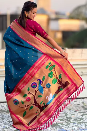 Teal paithani silk blend woven saree