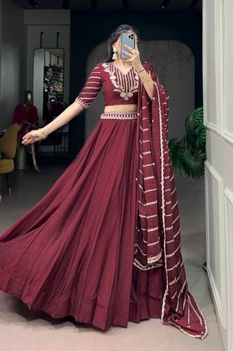 Elegant Maroon Party Wear Rangoli Silk Lehenga with Thread & Sequins Work