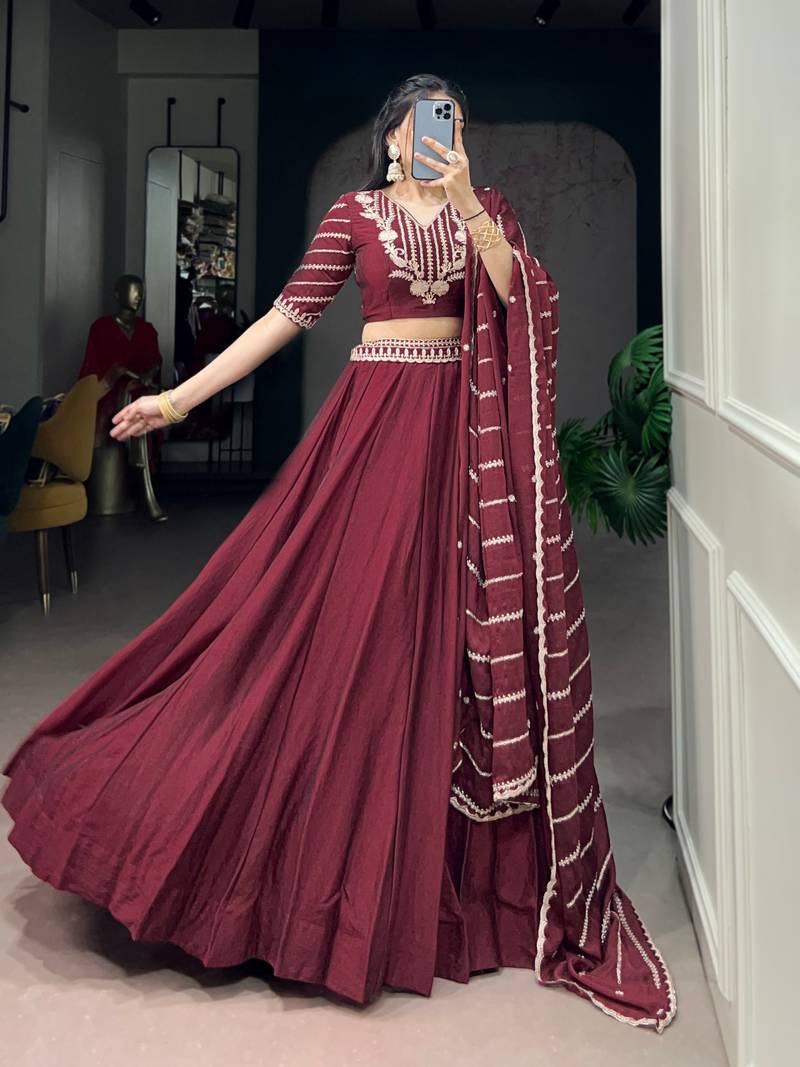 Elegant Maroon Party Wear Rangoli Silk Lehenga with Thread & Sequins Work