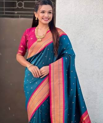 Teal paithani silk blend woven saree 3