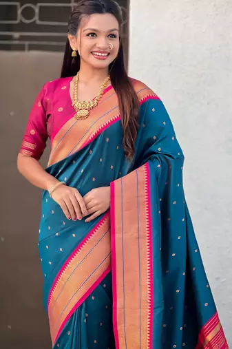 Teal paithani silk blend woven saree