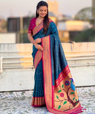 Teal paithani silk blend woven saree 4