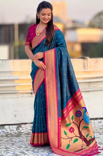 Teal paithani silk blend woven saree
