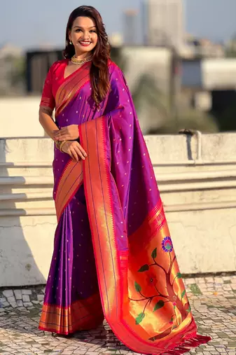 Purple color paithani silk fabric woven designer saree