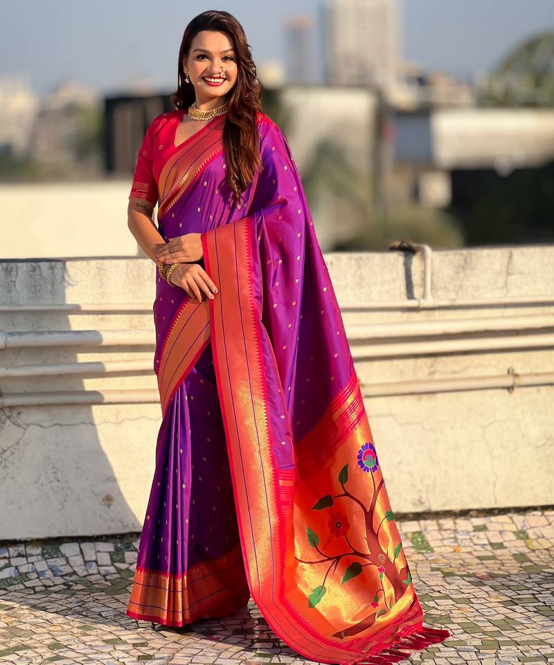 Purple color paithani silk fabric woven designer saree