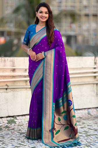 Purple color paithani silk fabric woven designer saree