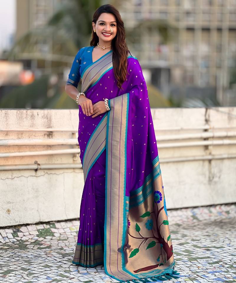 Purple color paithani silk fabric woven designer saree