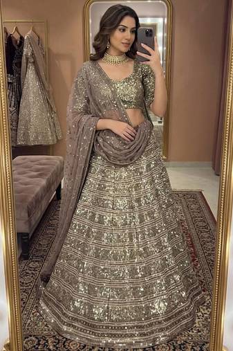 Champagne Gold Faux Georgette Lehenga with Heavy Sequins, Zari & Dori Work