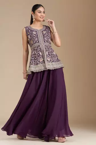 Wine color star georgette party wear designer peplum sharara set