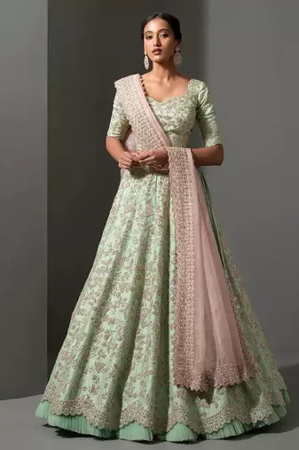 Pastel Green Mulberry Silk Lehenga with Sequins, Thread & Dori Work with Organza Dupatta